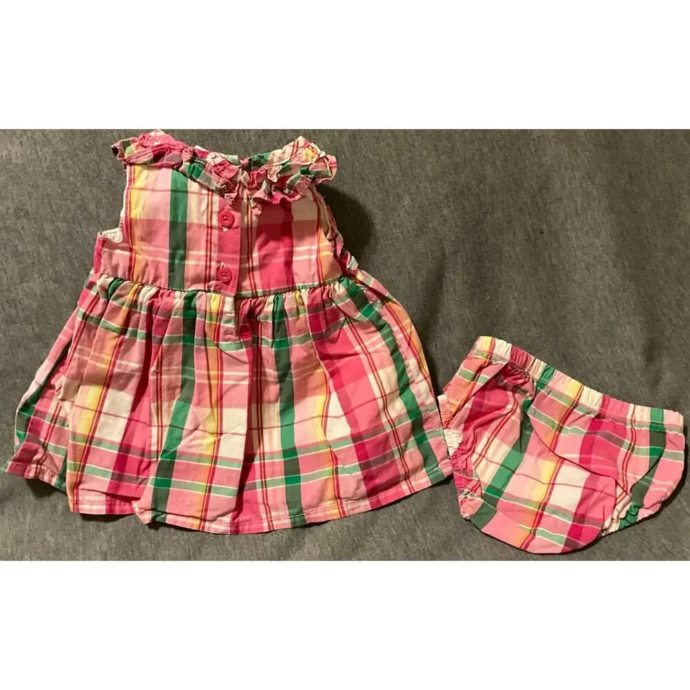 OshKosh B'gosh Girls 0-3 Months 2Pc Sleevless Dress Set Pink Green Plaid Ruffles